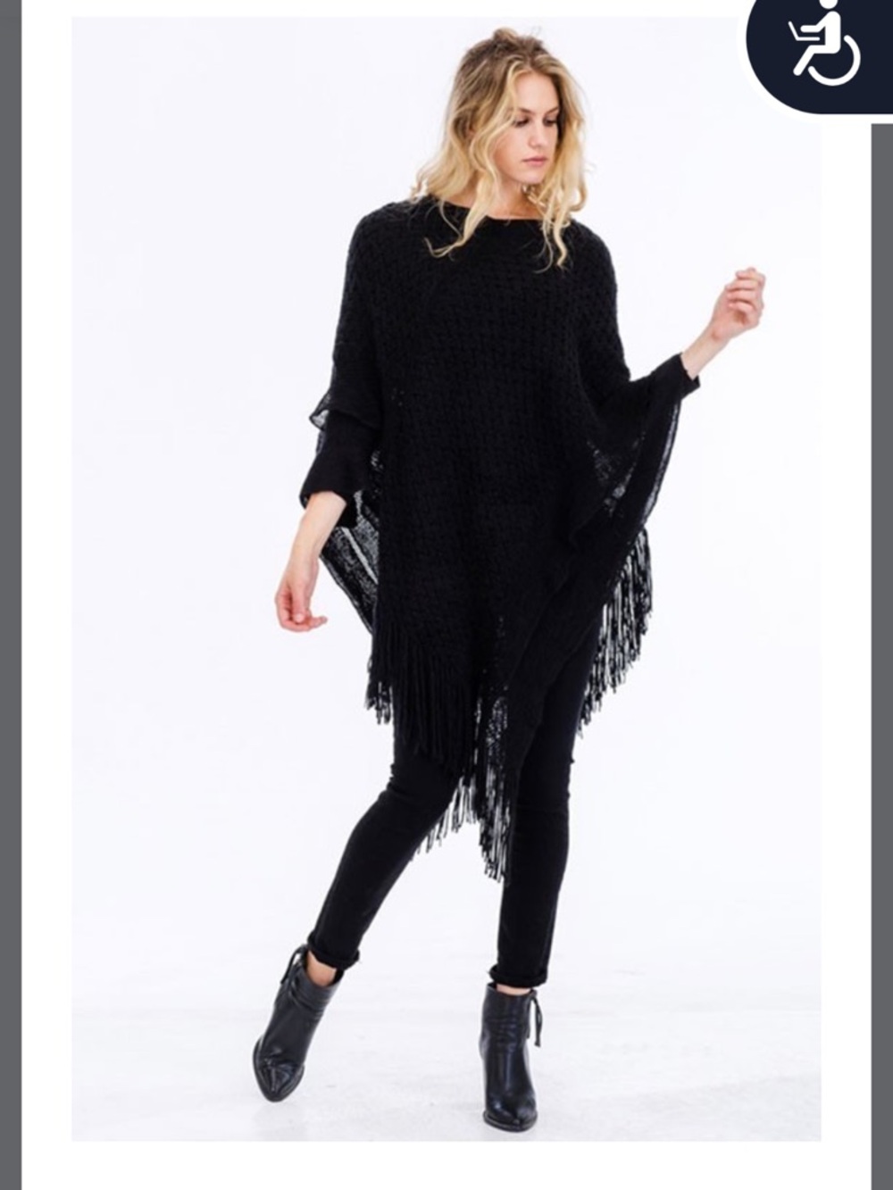 Women Fringe Knit Poncho Sweaters- Black One Size